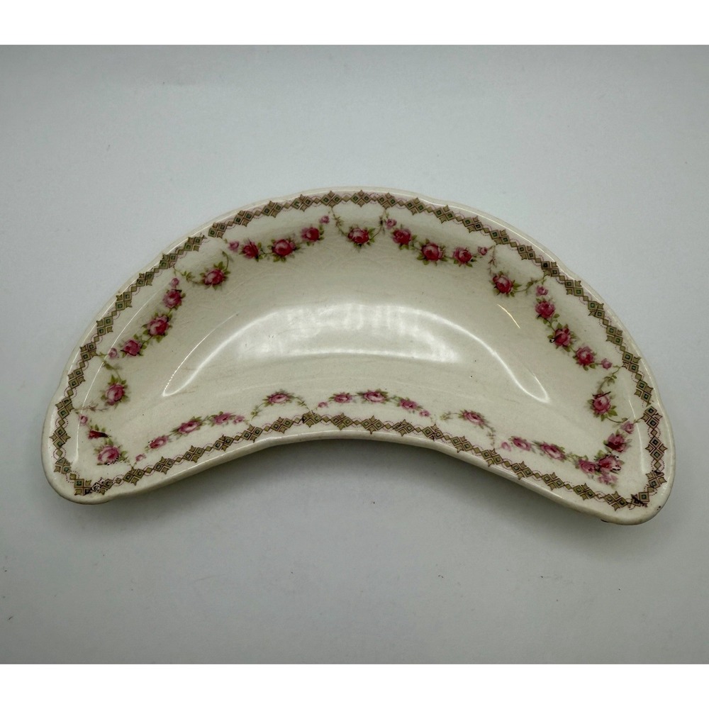 Antique Porcelain Crescent Bone Dish Pink Rose Garland Gold Geometric Lattice